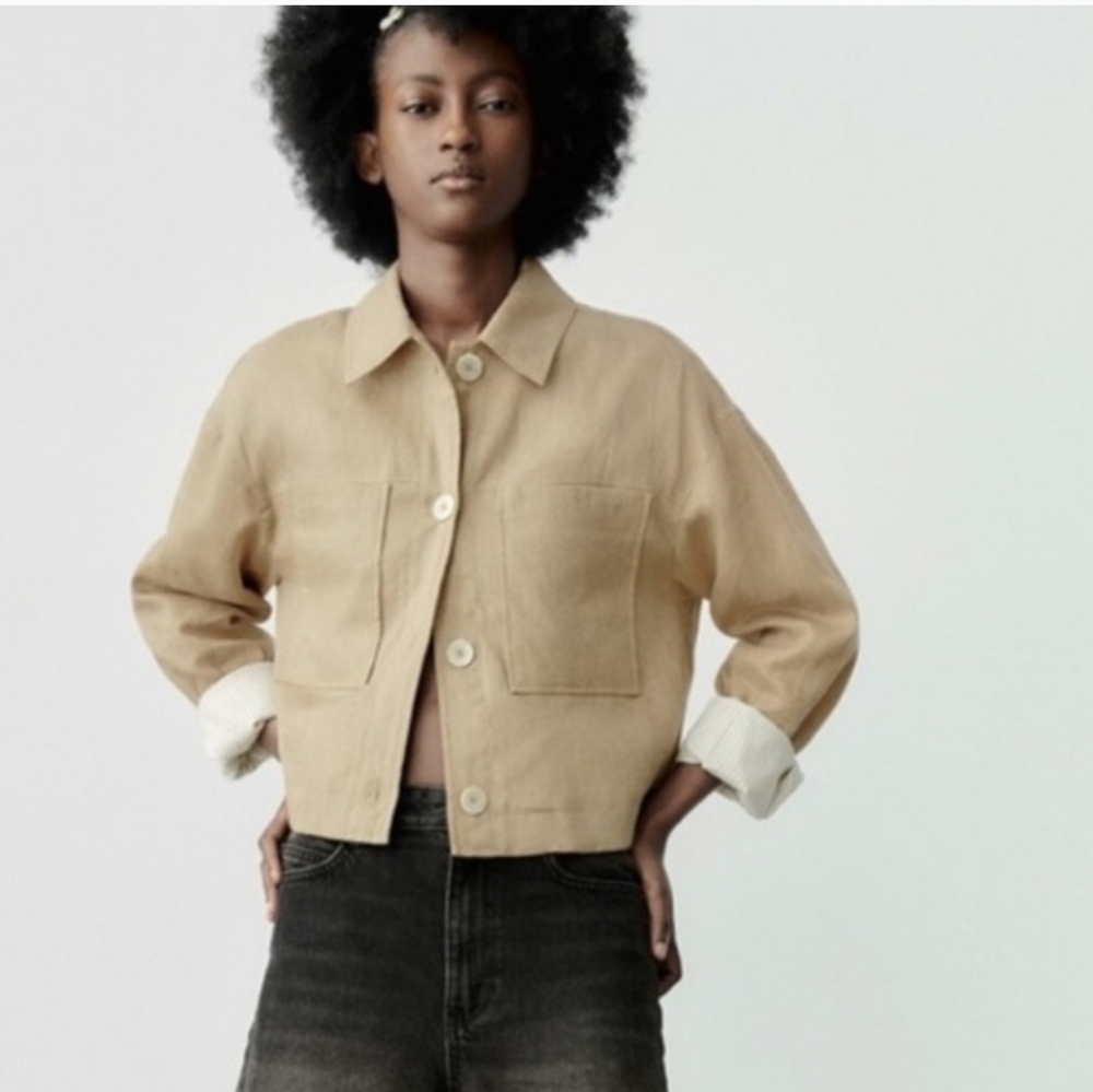 Zara 100% Linen Tan Cropped Button-down Overshirt Size L NEW